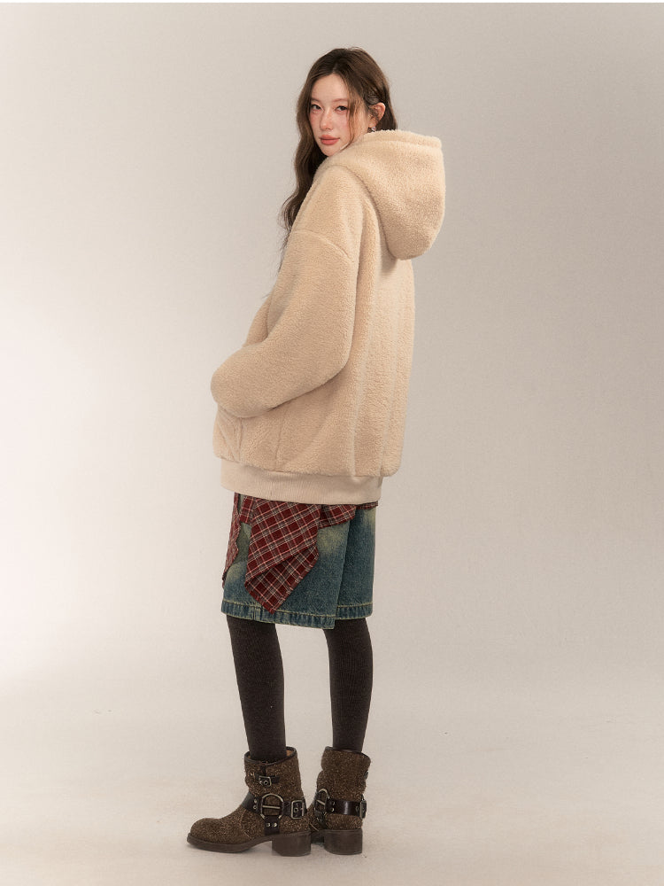 Color Block Bow Embroidery Lamb Wool Hoodie