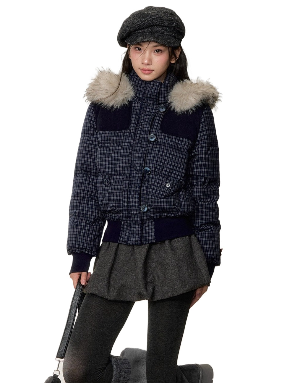 Fuzzy Plaid Down Faux Fur Collar Jacket