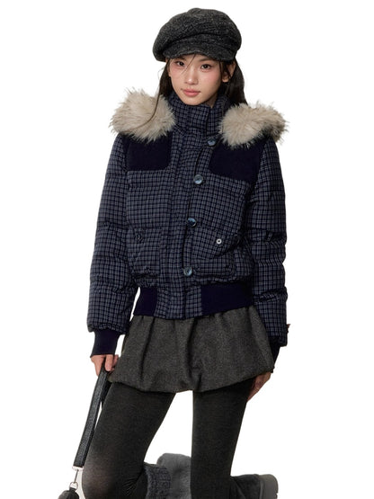 Fuzzy Plaid Down Faux Fur Collar Jacket