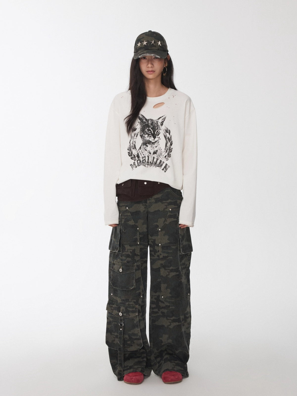 Vintage Cat &amp; Dog Print Distressed Long-Sleeve Tee