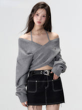 Grey & White Off-shoulder Knitted Wool Sweater - CHINASQUAD