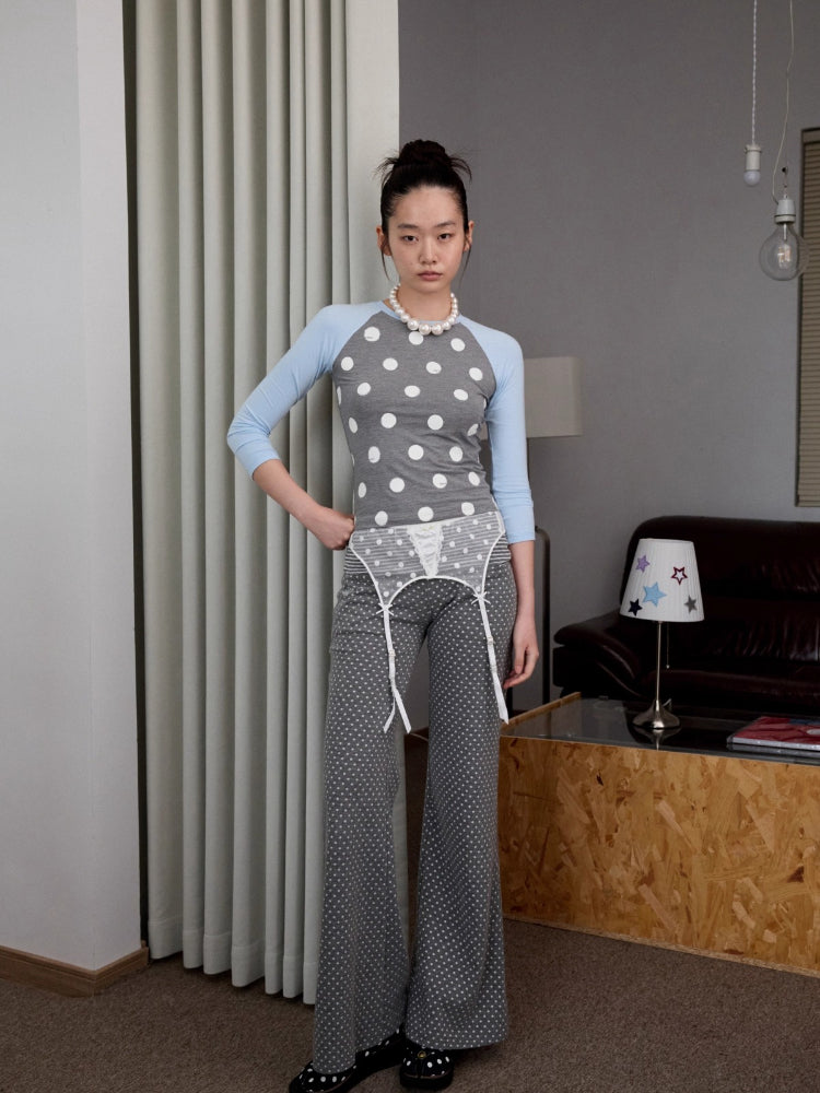 Color-Block Patchwork Polka Dot Print Raglan T-shirt