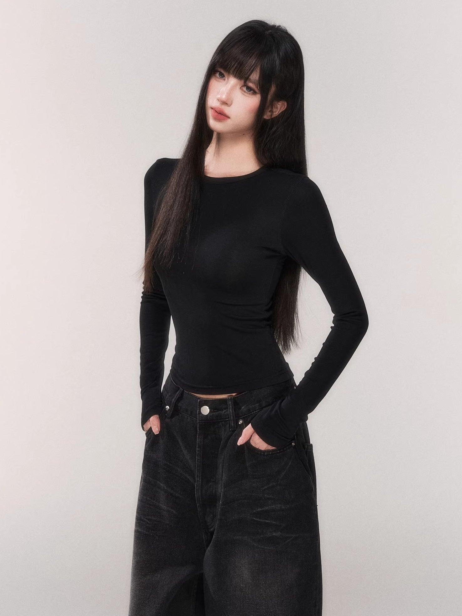 Waist-Cinching Long-Sleeve Crewneck Base Tee