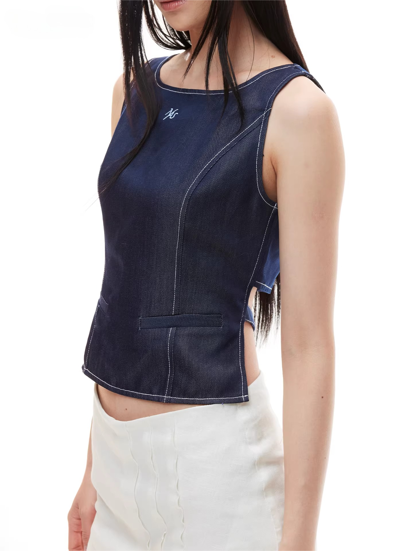 Open-Back Cinched Lyocell Denim Vest