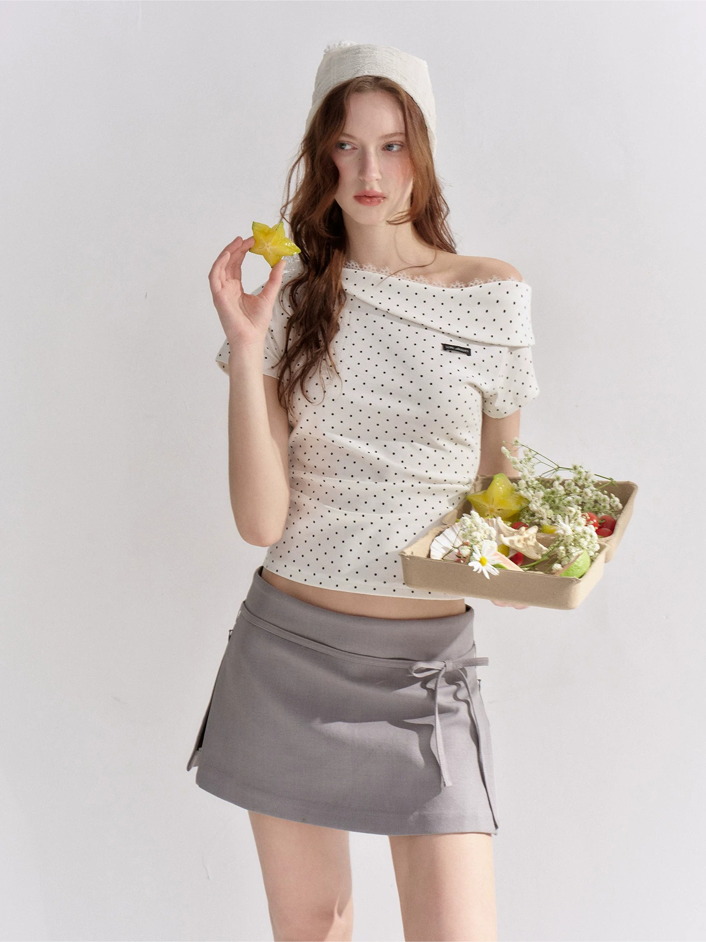 Asymmetric Off-Shoulder Polka Dot Lace Trim Fitted T-Shirt