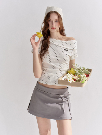 Asymmetric Off-Shoulder Polka Dot Lace Trim Fitted T-Shirt