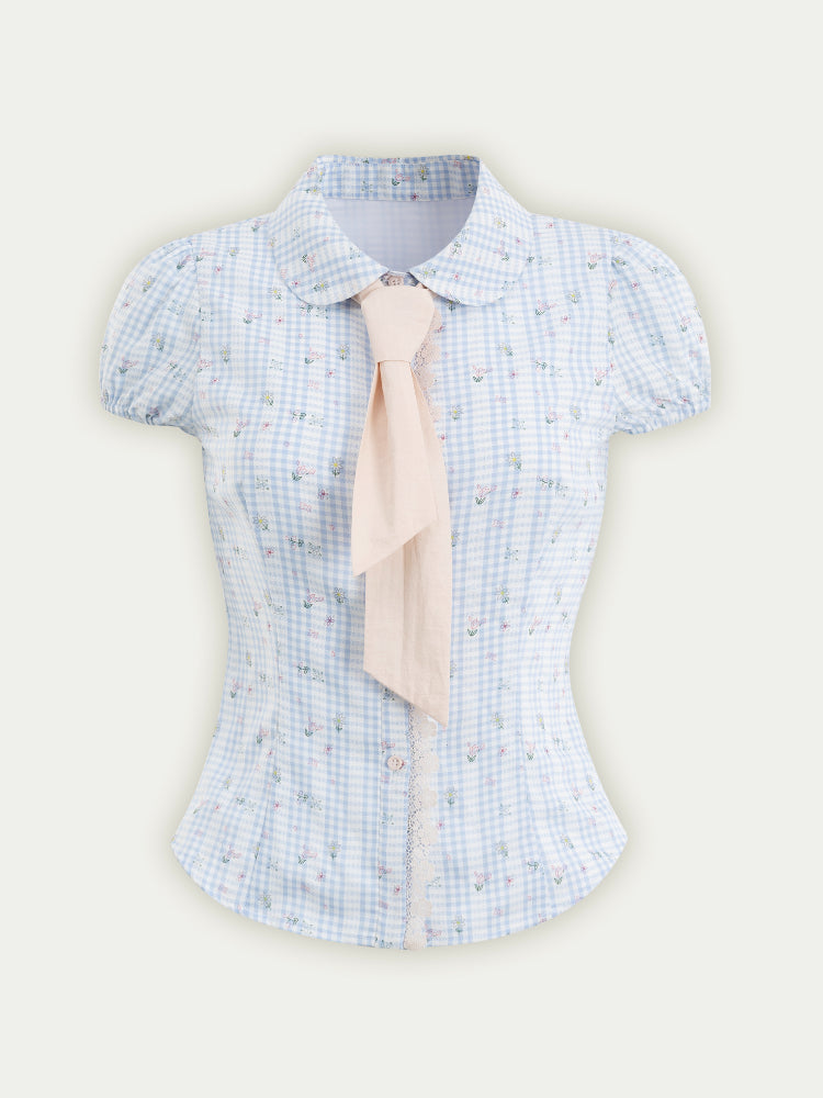 Blue Floral Contrast Check Shirt &amp; Skirt Set - CHINASQUAD