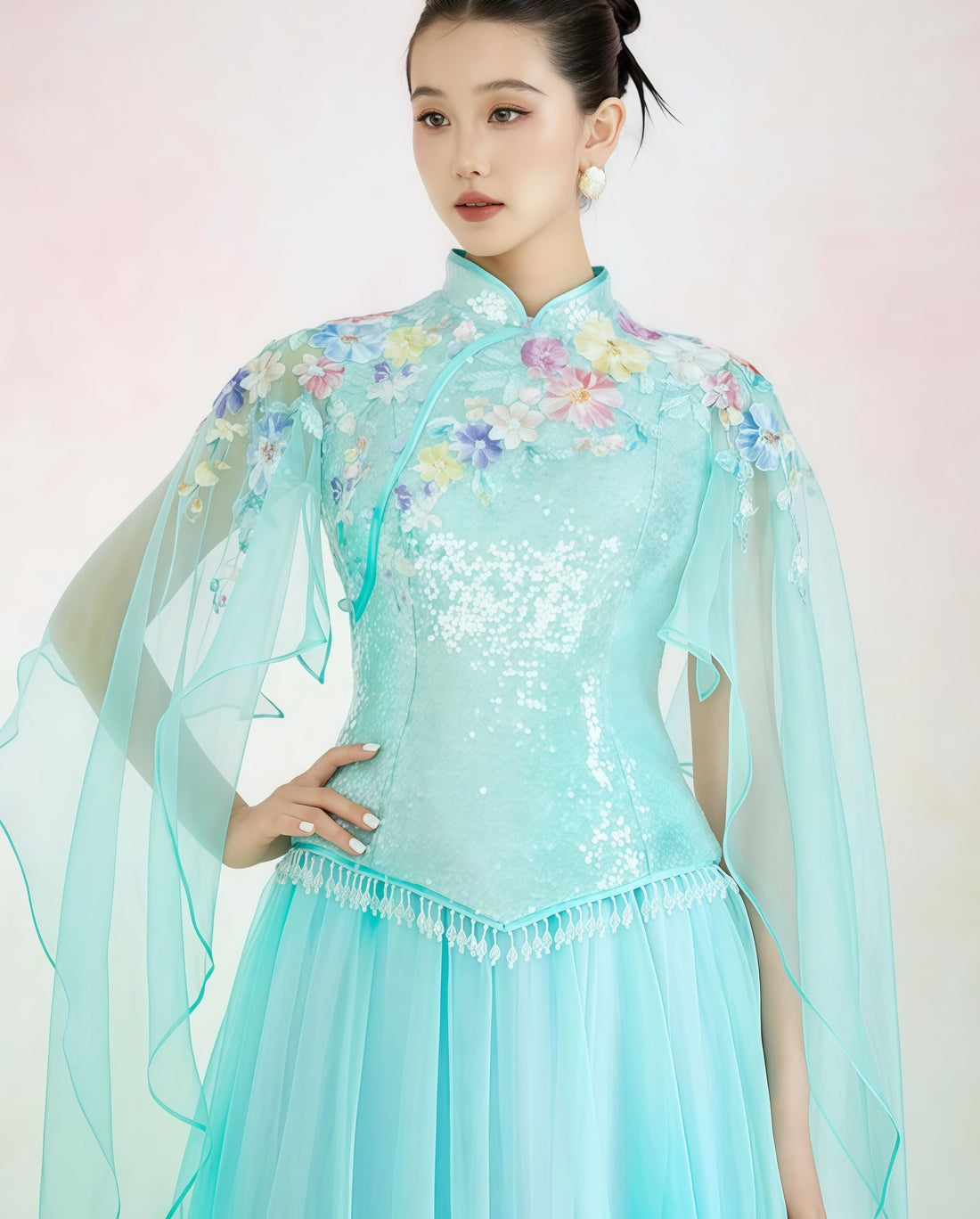 Mint Green Embroidered Cape Sleeve Evening Gown