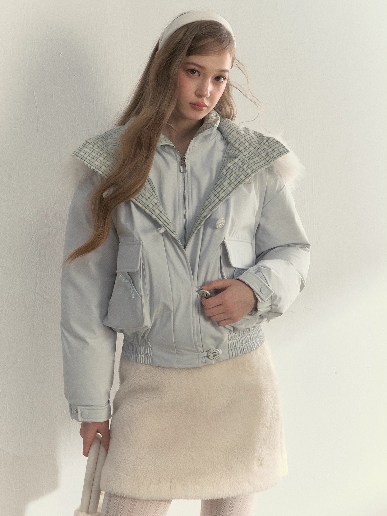 Glacier Blue &amp; Navy Plaid Panel Down Jacket