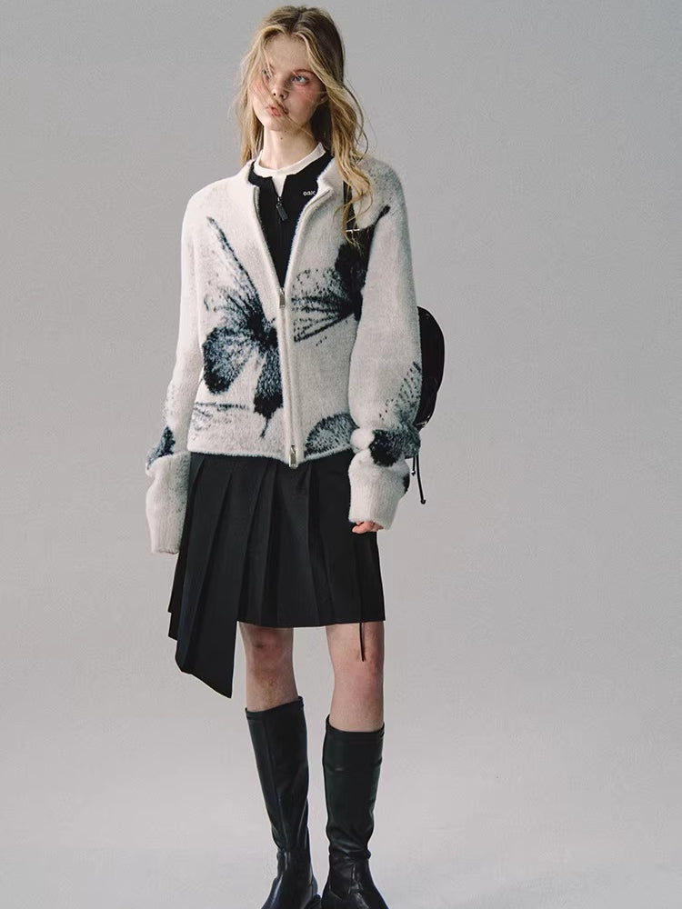 Double-Zip Jacquard Knit Cardigan