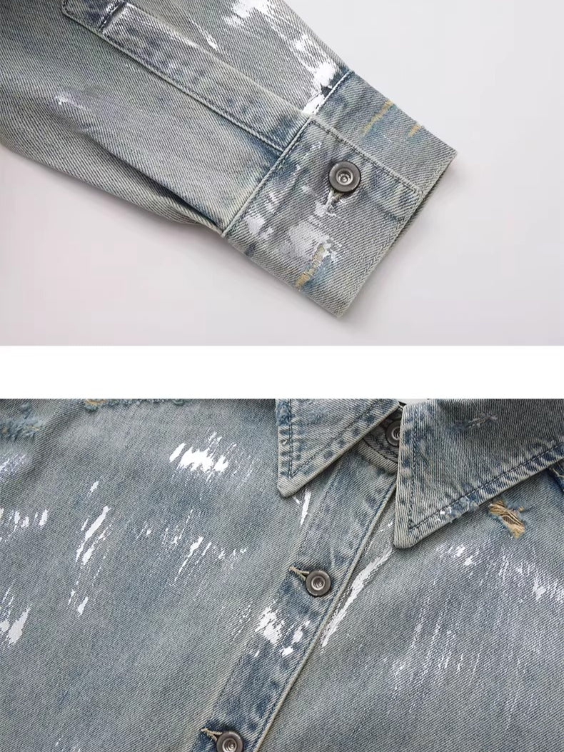 Silver-Foil Raw-Edge Oversized Denim Shirt