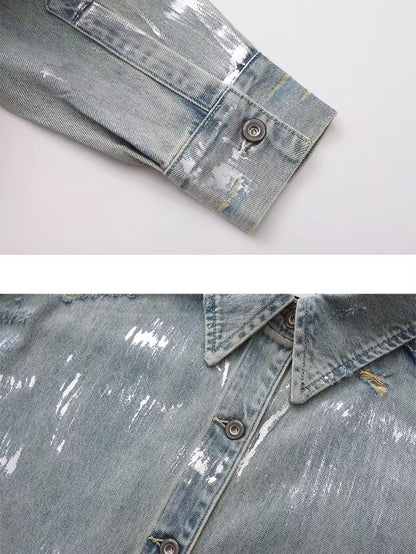 Silver-Foil Raw-Edge Oversized Denim Shirt