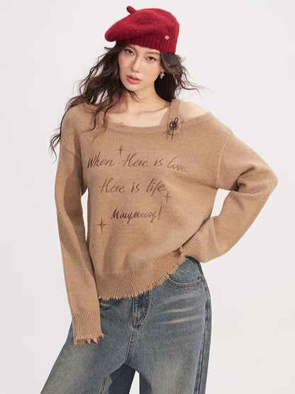 Deconstructed Off-Shoulder Embroidered Knit Sweater