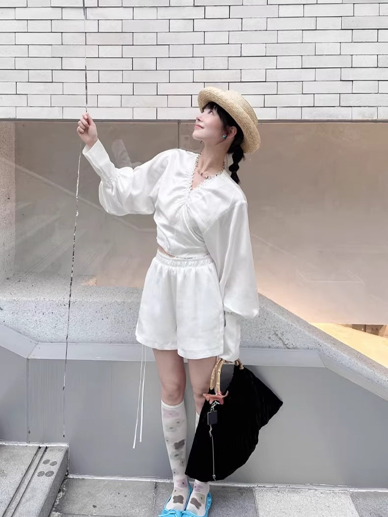 Convertible Ruched V-Neck Acetate Blouse