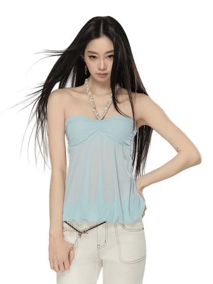 Sheer Double-Layer Mesh Halter Backless Top