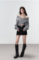 (Final Sale) Grey & White Off-shoulder Knitted Wool Sweater - CHINASQUAD