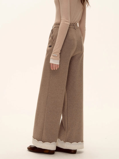 Embroidered Hem Wool Blend Wide-Leg Trousers