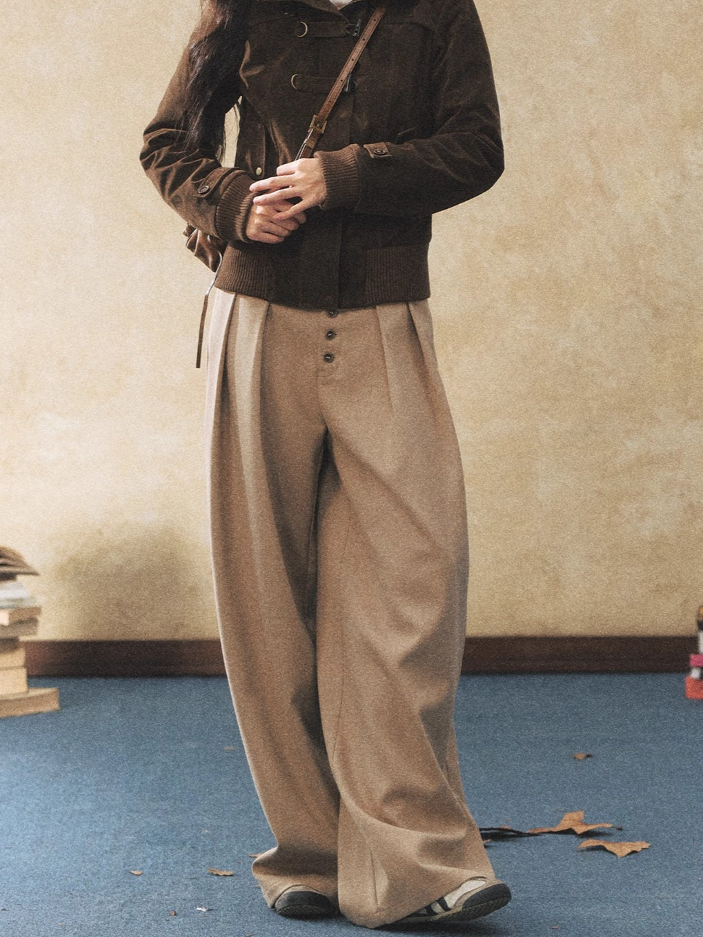 Khaki Relaxed Straight-Leg Wide Trousers