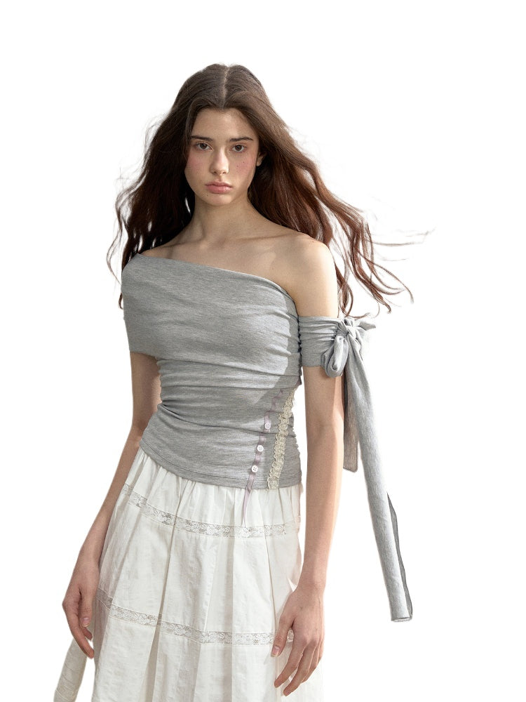 Diagonal Strap Off-shoulder T-shirt - CHINASQUAD