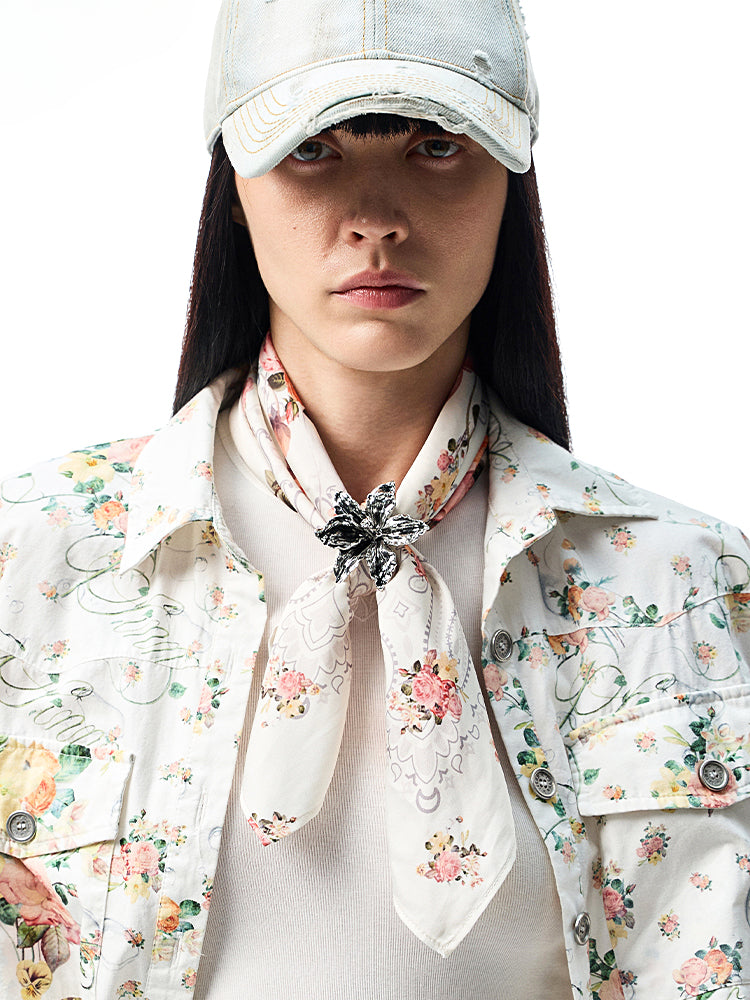 Retro Floral Print Satin Square Scarf