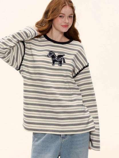 Contrast Stripe Crewneck Long-Sleeve T-Shirt
