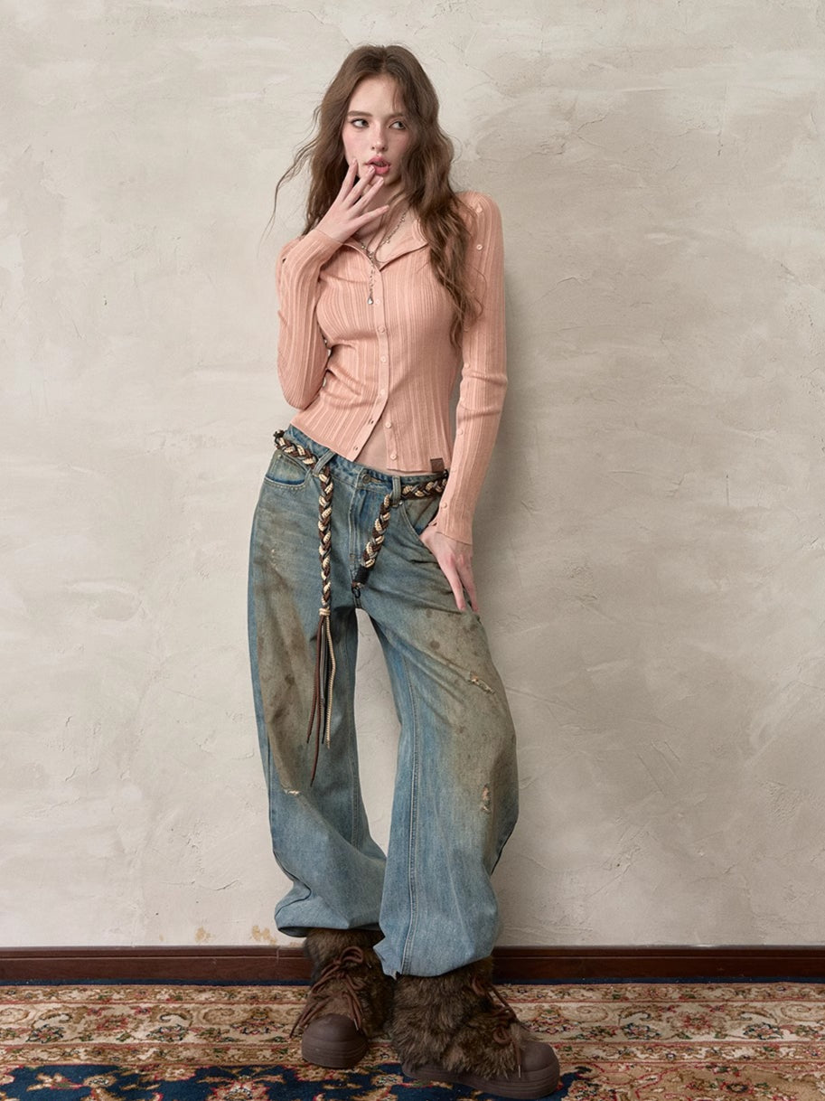 Button-Down Waist-Cinched Lyocell Knit Cardigan