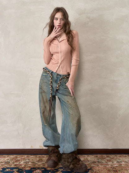 Button-Down Waist-Cinched Lyocell Knit Cardigan