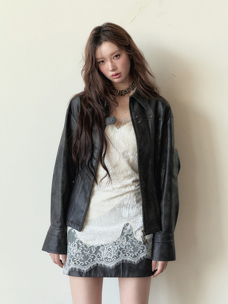 Dark Brown Studded PU Leather Jacket - CHINASQUAD