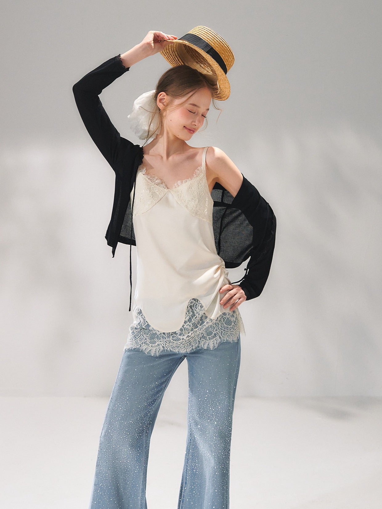 Asymmetric Lace-Trim Satin Camisole