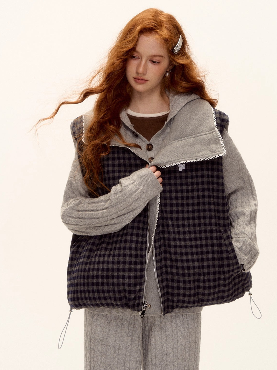 Reversible Plaid Lace-Trim Padded Vest