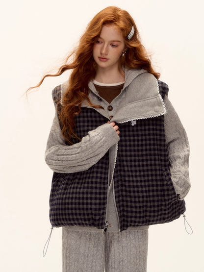 Reversible Plaid Lace-Trim Padded Vest