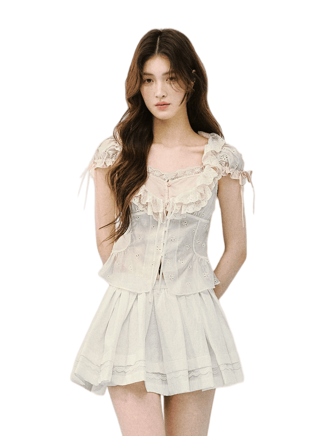 Layered Lace Lyocell Puff Sleeve Blouse