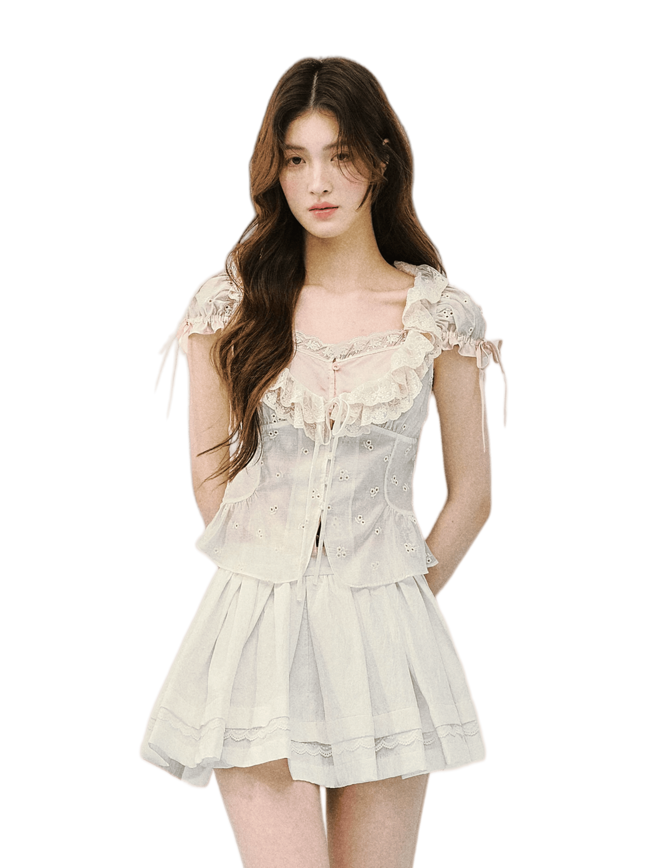 Layered Lace Lyocell Puff Sleeve Blouse