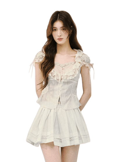Layered Lace Lyocell Puff Sleeve Blouse