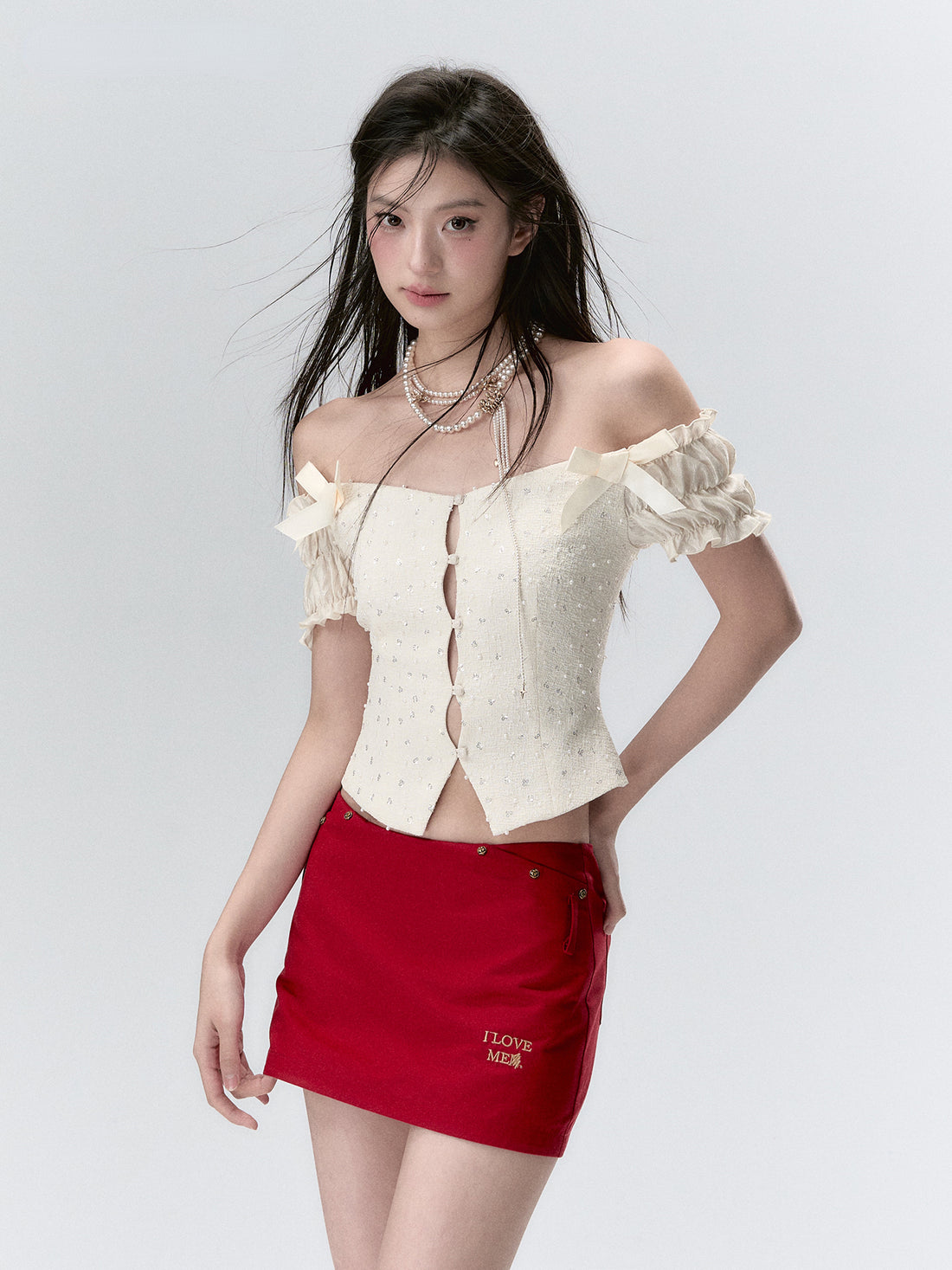 Off-the-Shoulder Sparkly 3D Pearl Mesh Blouse - CHINASQUAD
