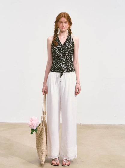 Solid-colored Breathable Lace Wide-leg Pants