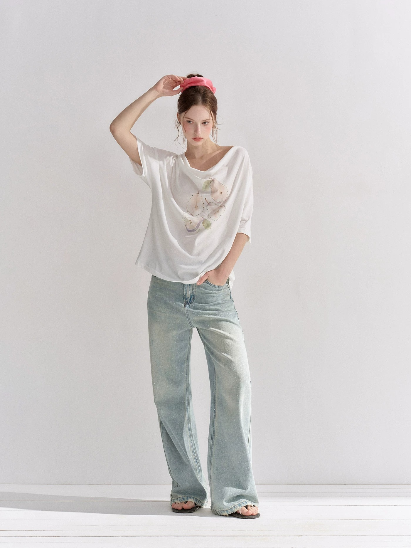 Pear Embellished Draped Off-Shoulder Relaxed T-Shirt