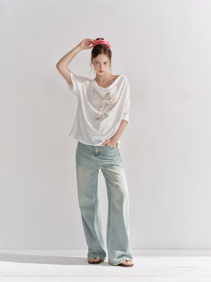 Pear Embellished Draped Off-Shoulder Relaxed T-Shirt