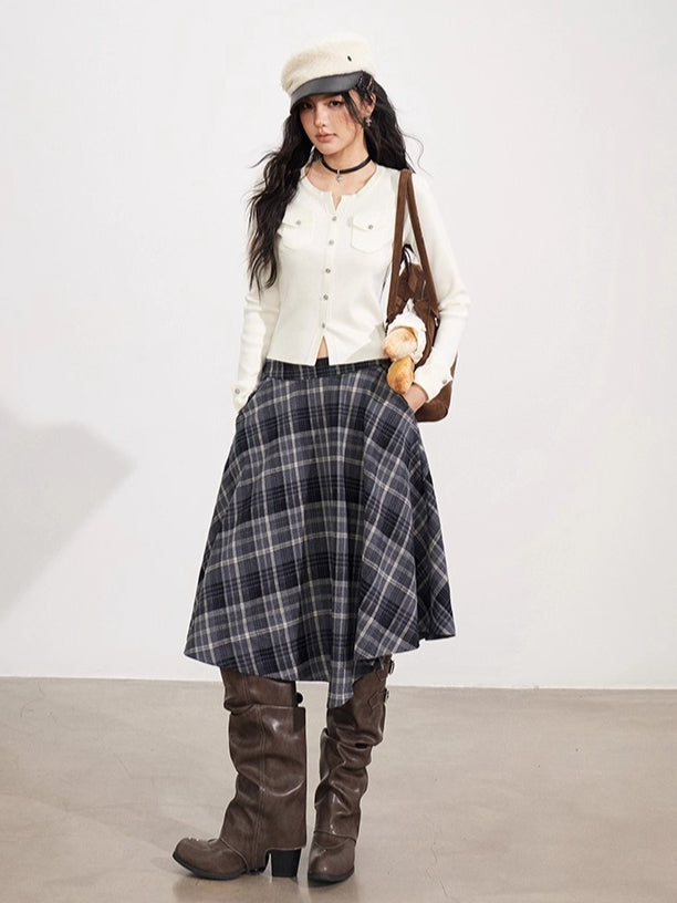 Asymmetrical Wool Plaid Midi Skirt
