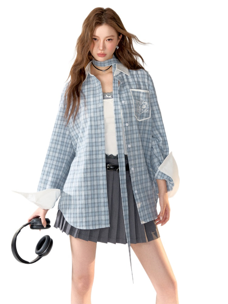 Color-block Blue Plaid Printed Shirt