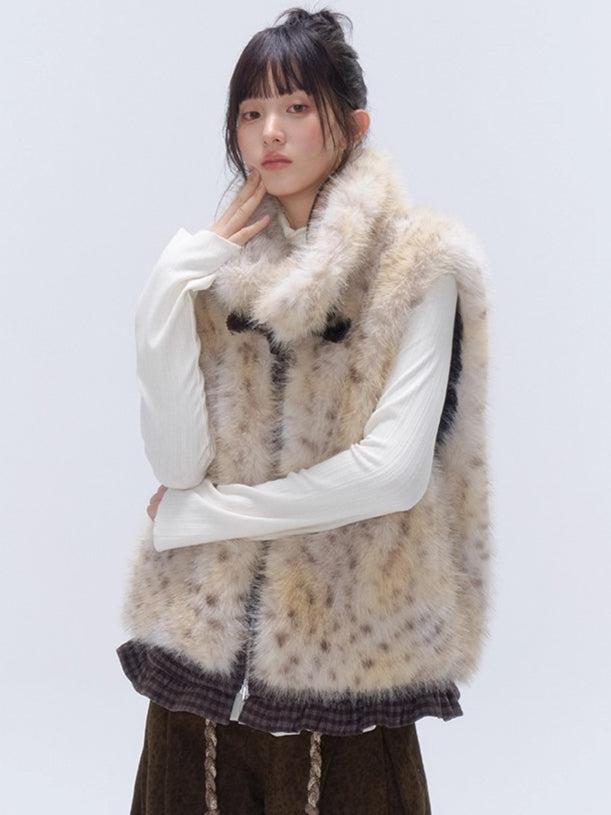 Faux Fur Leopard-Panel Lace-Trim Vest