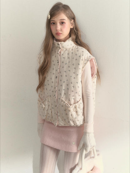 Pink Detachable-Sleeve Corduroy Floral Reversible Jacket