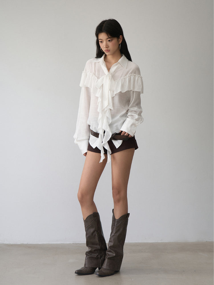 White Ruffled Drawstring Long-Sleeve Shirt - CHINASQUAD