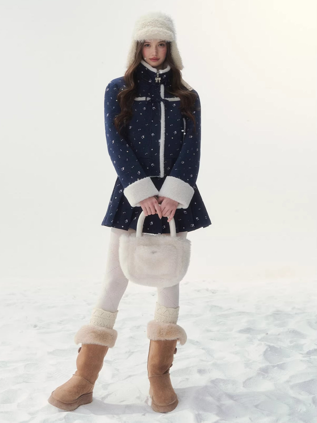 Shearling Patchwork Jacket Pleated Skirt Set