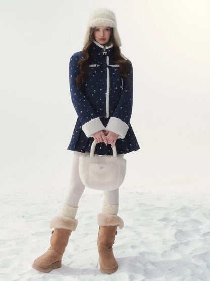 Shearling Patchwork Jacket Pleated Skirt Set