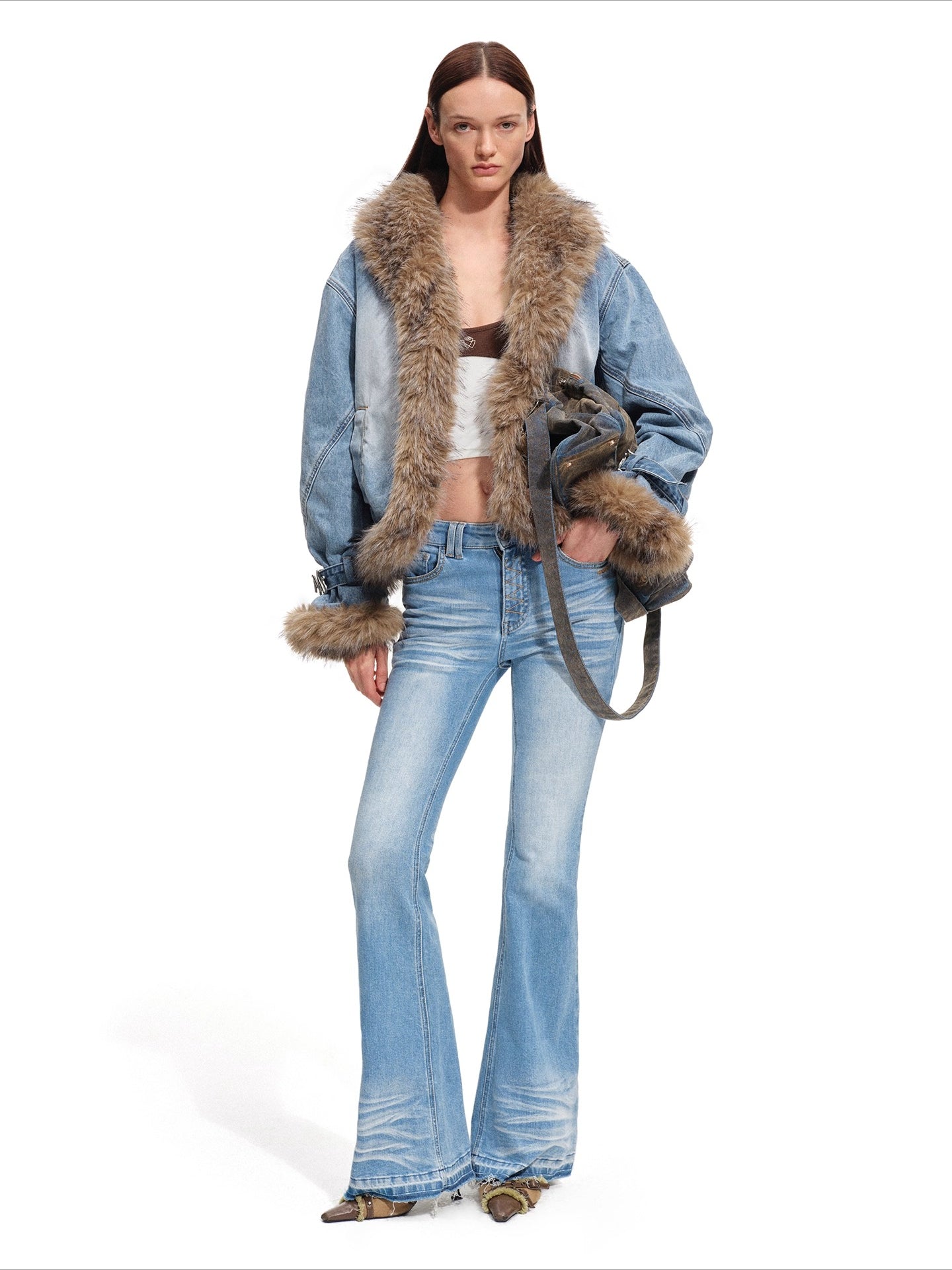 Faux-Fur Trim Washed Denim Jacket