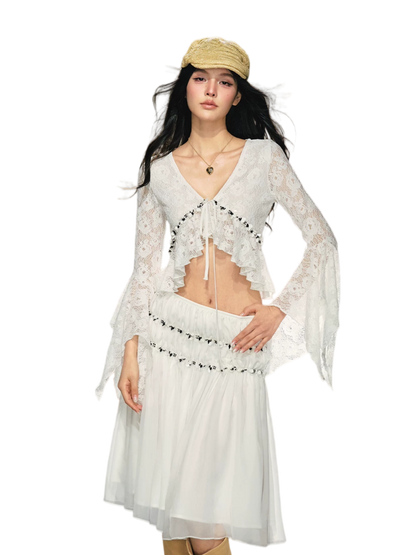 Vintage Sequin Lace V-Neck Blouse&amp; Tulle Skirt Set