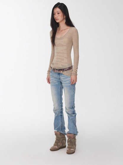 Vintage Pleated Washed Slim Curved Denim Pants