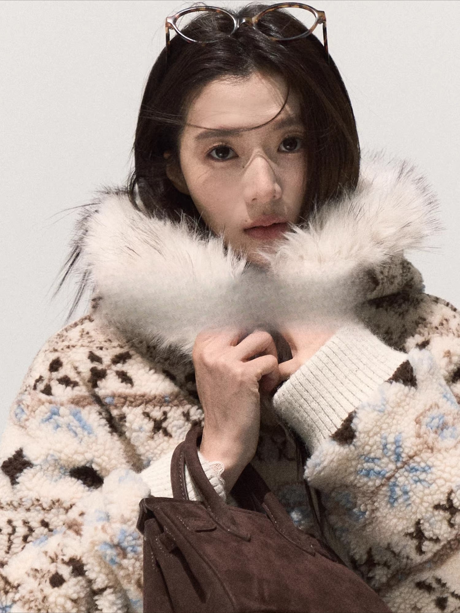 Jacquard Shearling Hooded Short Jacket