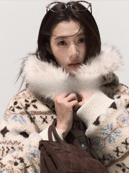 Jacquard Shearling Hooded Short Jacket